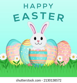 happy easter day hand drawn illustration design with eggs and rabbit show up from eggs crack