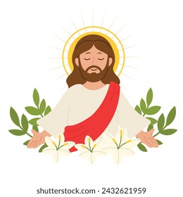 Happy Easter day hand drawn background vector. Religious drawing of Jesus Christ, God, lily flower, leaf. The Holy Spirit illustration for Good Friday, Holy Week, greeting card, cover, poster.