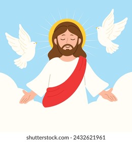 Happy Easter day hand drawn background vector. Ascension Day drawing of Jesus Christ, God, white pigeon. The Holy Spirit illustration for Good Friday, Holy Week, greeting card, cover, poster.