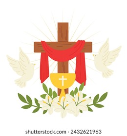 Happy Easter day hand drawn background vector. Religious Wooden Cross with white lily flower, leaf, pigeon. The Holy Spirit illustration for Good Friday, Holy Week, greeting card, cover, poster.
