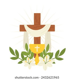 Happy Easter day hand drawn background vector. Religious Wooden Cross with white lily flower, leaf. The Holy Spirit illustration for Good Friday, Holy Week, greeting card, cover, poster.