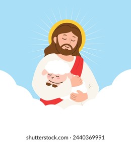 Happy Easter day hand drawn background vector. Religious drawing of Jesus Christ, God embrace lost sheep, lamb. The Holy Spirit illustration for Good Friday, Holy Week, greeting card, cover, poster.