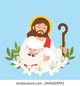 Happy Easter day hand drawn background vector. Religious drawing of Jesus Christ, God embrace lost sheep, lily flower. The Holy Spirit illustration for Good Friday, Holy Week, card, cover, poster.