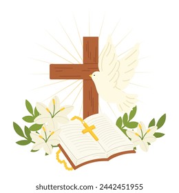 Happy Easter day hand drawn background vector. Religious drawing of Holy wooden cross, bible, white pigeon, lily flower. First communion illustration for Good Friday, Holy Week, card, cover, poster.