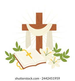 Happy Easter day hand drawn background vector. Religious drawing of Holy wooden cross, bible, lily flower. First holy communion illustration for Good Friday, Holy Week, card, cover, poster, banner.