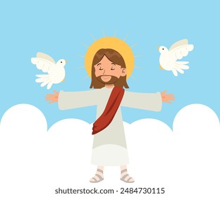 Happy Easter day hand drawn background vector. Ascension Day drawing of Jesus Christ, God, white pigeon. The Holy Spirit illustration for Good Friday, Holy Week, greeting card, cover, poster.