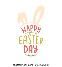 Feliz Día de Pascua. Leer a mano con orejas de sauce y conejo. Plantilla de tarjetas, frase manuscrita para tarjetas de felicitación, afiches, etiquetas de regalo. Ilustración de color pastel aislada en fondo blanco