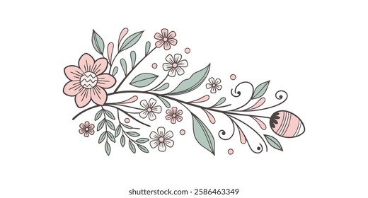 Happy Easter Day Hand-Sketched Floral Design with Elegant Spring Flowers and Decorative Elements