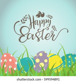 happy easter day, holiday colorful egges on  blue  background. can be use for sale advertisment, backdrop, greeting card and poster vector