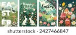 Happy Easter Day holiday creative poster set. Colorful eggs hunt and cute rabbit and Christian church. Traditional spring religious celebration greeting card. Vector modern art drawing festive bunny