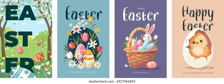 Happy Easter Day holiday creative poster set. Colorful eggs and cute bunny in basket and chick. Traditional spring religious celebration greeting card. Vector eps modern art drawing Christian festive