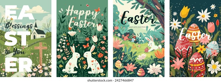 Happy Easter Day holiday creative poster set. Colorful eggs hunt and cute rabbit and Christian church. Traditional spring religious celebration greeting card. Vector modern art drawing festive bunny