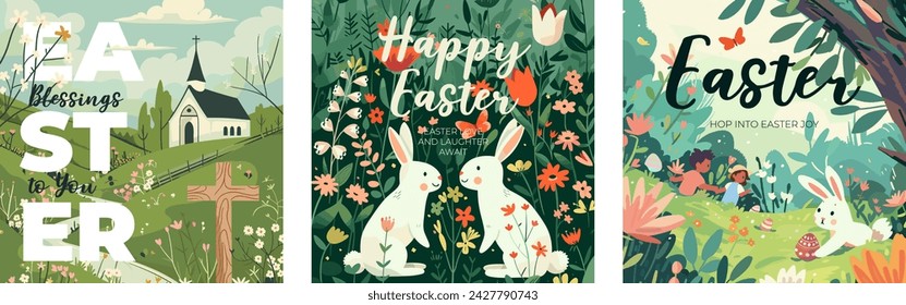 Happy Easter Day holiday creative square banner set. Colorful eggs hunt with cute bunny and Christian church. Traditional spring religious celebration greeting card. Vector modern art drawing festive