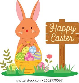 Happy Easter Day Holiday. Cute Bunny Rabbit Flowers Wooden Sign Flat Vector Illustration Banner. Pastel Soft banners, posters and greetings cards