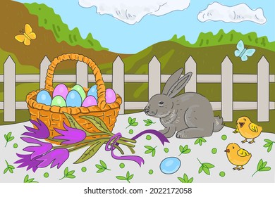 Happy Easter Day holiday greeting card. On lawn colorful eggs basket and cute rabbit, chickens and flowers. Traditional spring religious celebration banner. Vector eps hand drawn bunny illustration