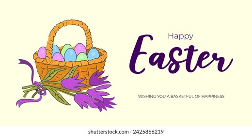 Happy Easter Day holiday horizontal banner with colorful eggs in basket. Traditional spring religious celebration greeting card. Vector eps drawing festive poster