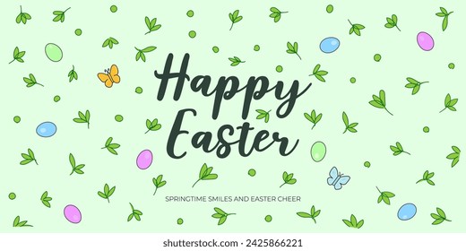 Happy Easter Day holiday horizontal banner with springtime foliage and colored eggs. Traditional spring religious celebration greeting card. Vector eps drawing festive poster