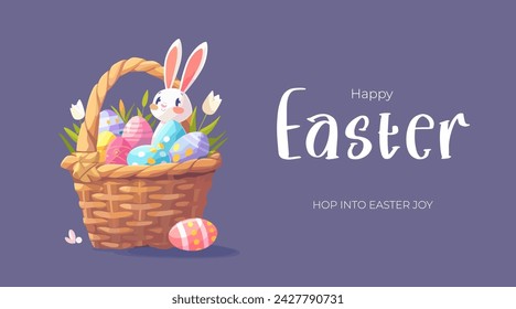 Happy Easter Day holiday horizontal banner with cute bunny with colored eggs in basket. Traditional spring religious celebration greeting card. Vector eps drawing Christian festive poster