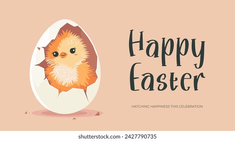 Happy Easter Day holiday horizontal banner with cute chick egg. Traditional spring religious celebration greeting card. Vector eps drawing Christian festive poster