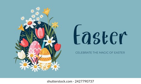 Banner horizontal de vacaciones de Pascua feliz con huevos de colores en la hierba. Tarjeta de felicitación tradicional de la celebración religiosa de la primavera. Vector eps que dibujan el cartel festivo cristiano