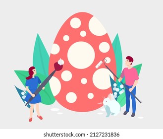 Happy Easter day. Holiday illustration in flat cartoon style can be used for greeting cards, posters, banners. Children coloring Easter eggs with a paint brush.