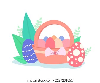 Happy Easter day. Holiday illustration in flat cartoon style can be used for greeting cards, posters, banners. Children coloring Easter eggs with a paint brush.