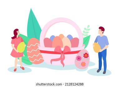Happy Easter day. Holiday illustration for greeting cards, posters, banners. Children putting Easter eggs in a basket.