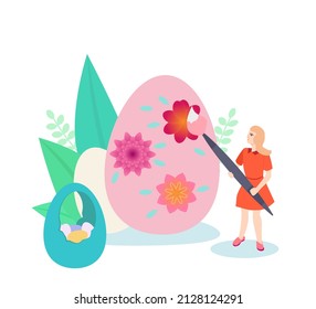 Feliz Día de Pascua. Ilustración navideña para tarjetas de felicitación, afiches, pancartas. Niña coloreando huevos de Pascua con un pincel.