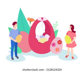 Happy Easter day. Holiday illustration for greeting cards, posters, banners. Children putting Easter eggs in a basket.