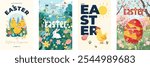 Happy Easter Day holiday party poster set. Funny hen and painted eggs. Cute bunny and chickens in grass. Traditional spring religious celebration banner. Festive modern drawing typography eps design