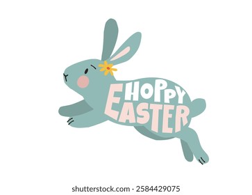 Happy Easter Day holiday party poster. Spring invitation. Cute funny bunny animal vector illustration. Hoppy Easter lettering text. Traditional celebration banner. Festive modern drawing typography