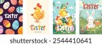 Happy Easter Day holiday poster set. Colorful eggs pattern background. Cute bunny and chickens in grass. Traditional spring religious celebration greeting card. Modern drawing festive banner