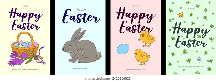 Happy Easter Day holiday poster set. Colorful eggs in basket and cute rabbit, chickens and flowers. Traditional spring religious celebration greeting card. Vector eps drawing festive bunny