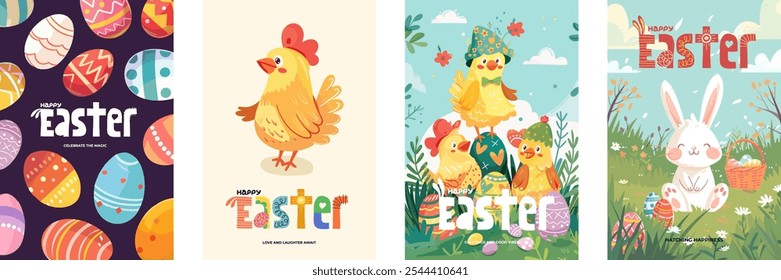 Happy Easter Day holiday poster set. Colorful eggs pattern background. Cute bunny and chickens in grass. Traditional spring religious celebration greeting card. Modern drawing festive banner