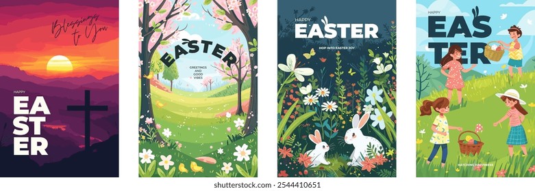 Happy Easter Day holiday poster set. Funny Paschal eggs hunting print. Cute bunny in grass flyer. Traditional springtime Christ religion celebration greeting card. Modern drawing festive artwork