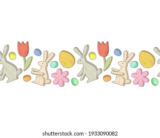 Happy Easter Day. Horizontal Border template. Seamless Pattern with Easter wooden decoration. For printing wrapping paper, wallpaper, packaging, fabric. Hand Drawn vector illustration.