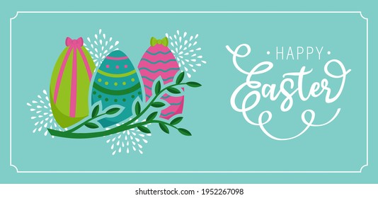 Happy Easter day horizontal greeting card design cute with background branch leaves and flowers, easter banner with colorful eggs.Vector illustration with frame and text.