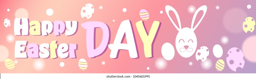 Happy Easter Day Horizontal Poster Design With Rabbit And Eggs On Pink Bokeh Background Vector Illustration