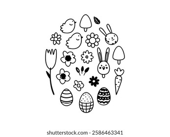 Happy Easter Day Icon Set Vector with Festive Bunny, Eggs, Flowers, and Holiday Symbols