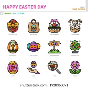 happy easter day icon set,filled outline style,vector and illustration