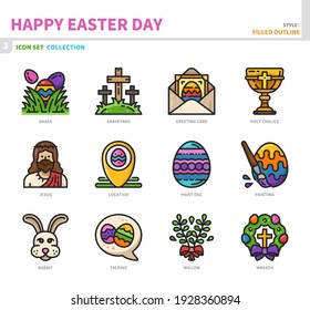 happy easter day icon set,filled outline style,vector and illustration