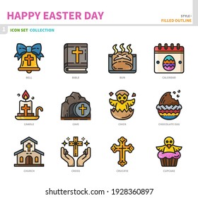 happy easter day icon set,filled outline style,vector and illustration