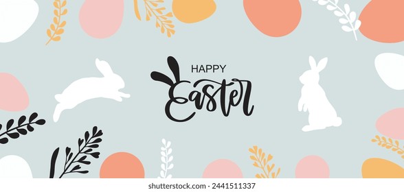 Feliz día de Pascua ilustración con conejito y huevos.