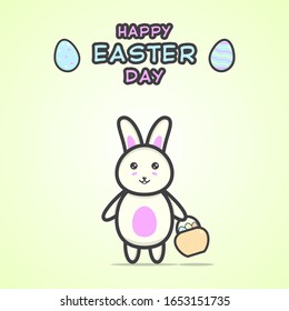 Happy easter day illustration with cute bunny character holding a basket containing eggs on soft green background. Vector