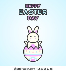 Happy easter day illustration with cute bunny character inside of a cracked egg on soft blue background. Vector