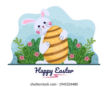 Happy Easter day illustration with cute bunny, Easter eggs, and floral background. Easter bunny rabbit cartoon with holding cute Easter eggs. Suitable for greeting card, invitation, banner, postcard.