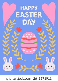 Happy Easter Day Illustration in Pastel with Cute Bunny, Easter Egg, Hearts and flowers