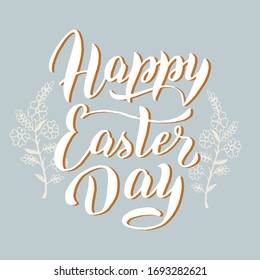 Happy Easter day invitation text. Handwritten lettering font design. Greeting spring easter holiday card. Poster, wreath, package template. Vector isolated illustration.