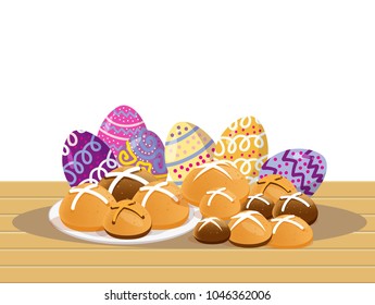 Happy Easter Day Items Design.Hot Cross Bun Bread And Easter Egg Dessert .on Isolate Background For Poster, Greeting Card, Party Invitation, Banner Other Users.Vector Illustration