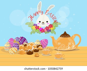 Happy Easter Day items design.Hot cross bun bread and Easter Egg dessert .on isolate background for poster, greeting card, party invitation, banner other users.Vector illustration